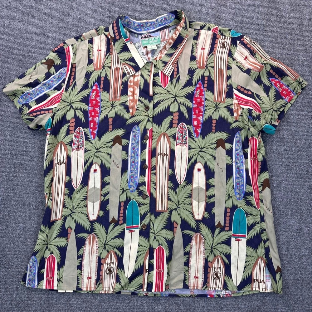 Reyn Spooner Women's L Hawaiian Surfboard Longboard Palm Tree Print Camp Rayon - Picture 2 of 9